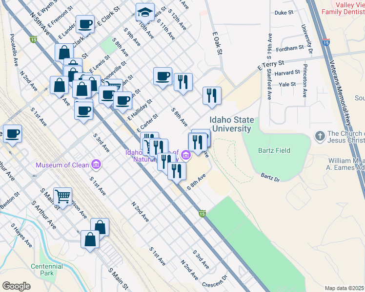 map of restaurants, bars, coffee shops, grocery stores, and more near in Pocatello