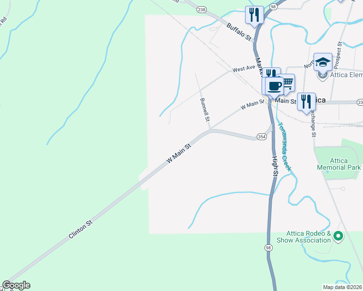 map of restaurants, bars, coffee shops, grocery stores, and more near 134 W Main St in Attica