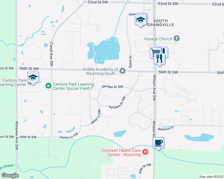 map of restaurants, bars, coffee shops, grocery stores, and more near 4253 Limousin Court Southwest in Wyoming