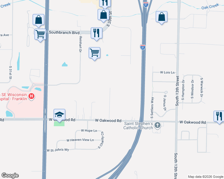map of restaurants, bars, coffee shops, grocery stores, and more near 10132 South Judith Place in Oak Creek