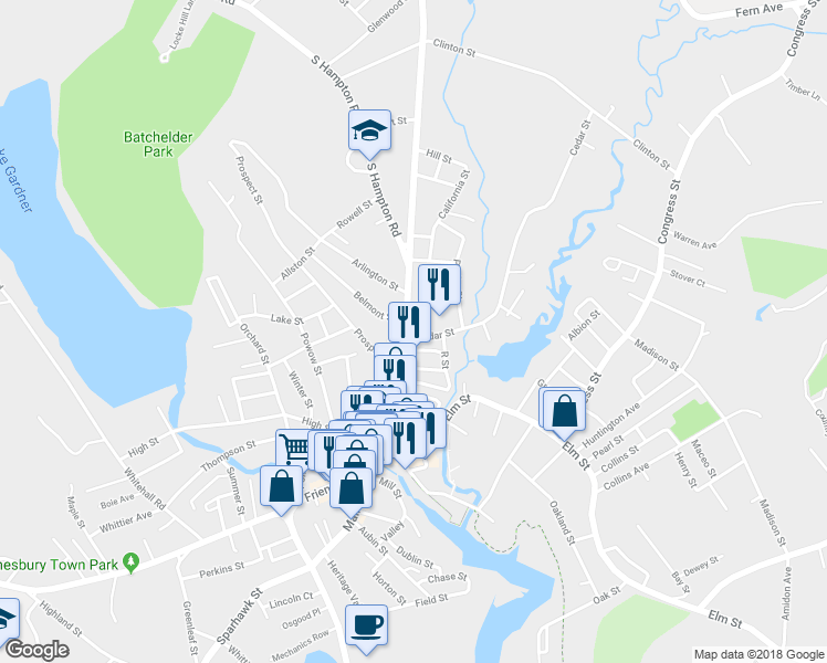 map of restaurants, bars, coffee shops, grocery stores, and more near 79 Market Street in Amesbury