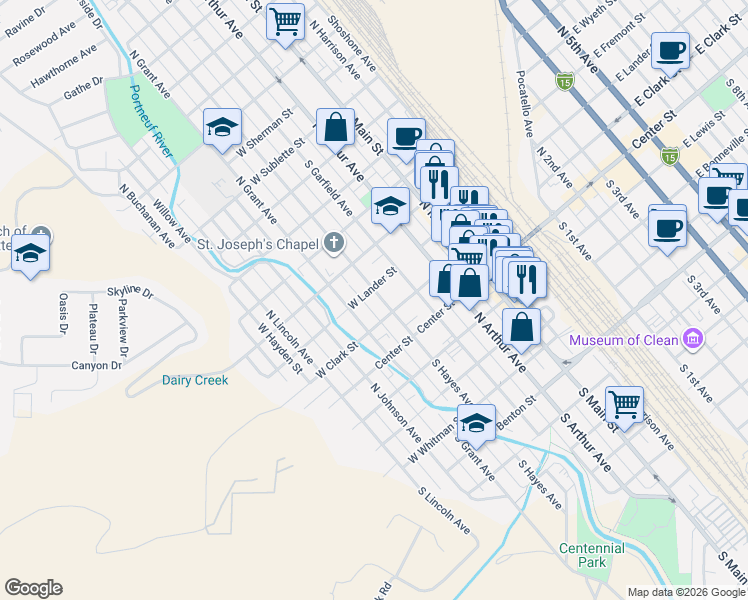 map of restaurants, bars, coffee shops, grocery stores, and more near 217 North Hayes Avenue in Pocatello