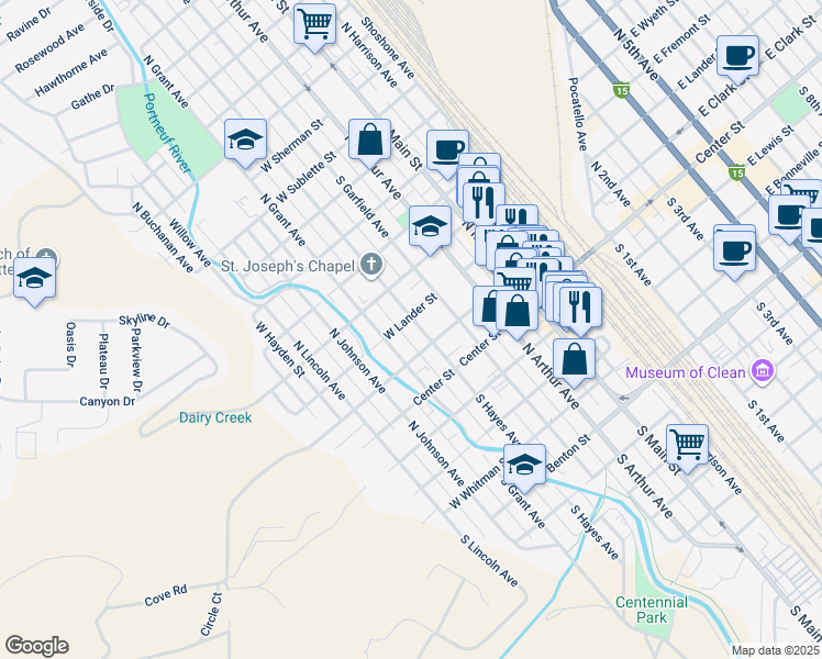 map of restaurants, bars, coffee shops, grocery stores, and more near 217 North Hayes Avenue in Pocatello