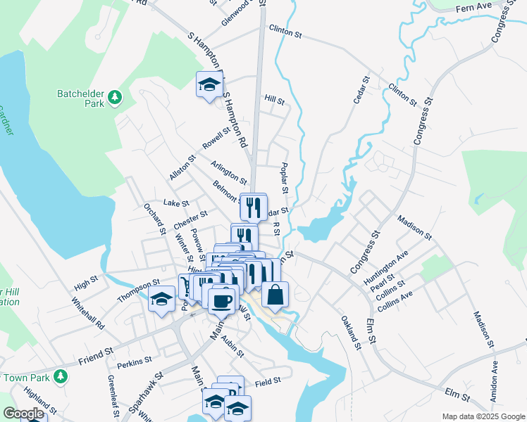 map of restaurants, bars, coffee shops, grocery stores, and more near 3 Cedar Street in Amesbury