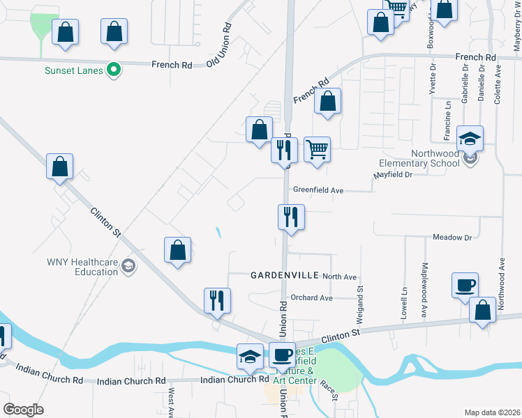 map of restaurants, bars, coffee shops, grocery stores, and more near 2244 Union Road in West Seneca