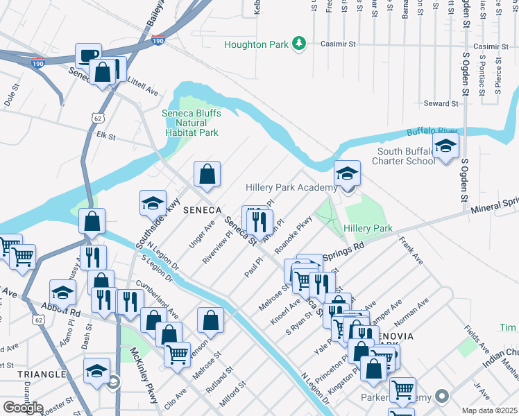 map of restaurants, bars, coffee shops, grocery stores, and more near 43 Pomona Place in Buffalo