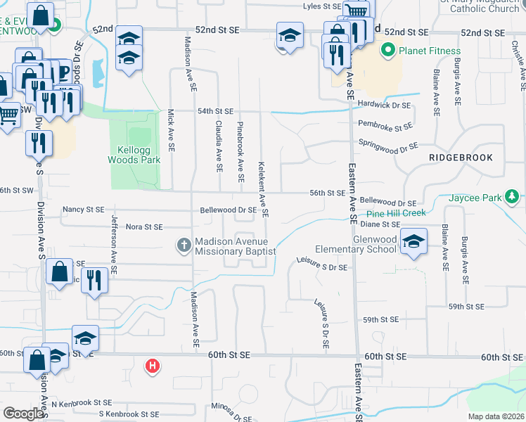 map of restaurants, bars, coffee shops, grocery stores, and more near 5656 Kelekent Avenue Southeast in Kentwood