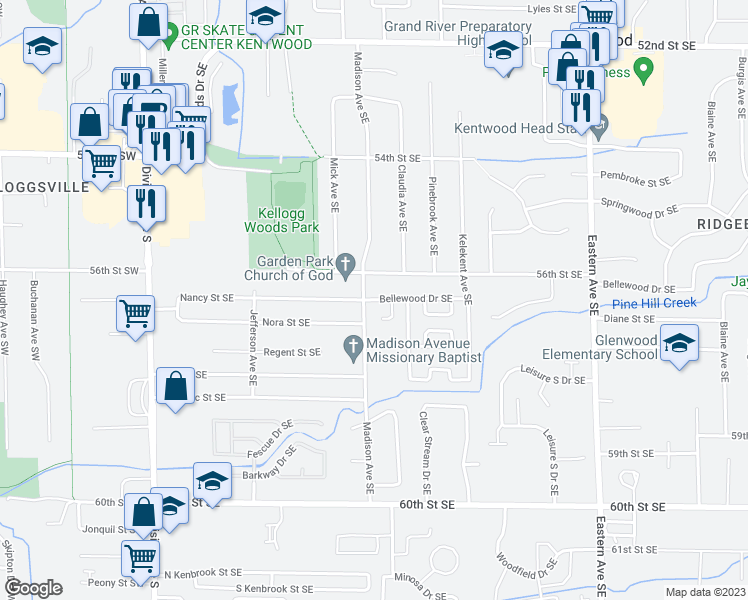 map of restaurants, bars, coffee shops, grocery stores, and more near 5648 Madison Avenue Southeast in Kentwood