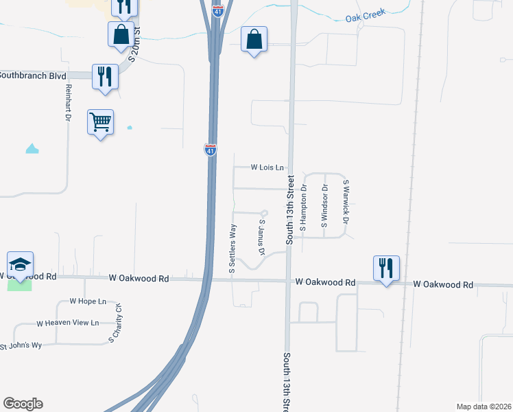map of restaurants, bars, coffee shops, grocery stores, and more near 1422 West Mario Lane in Oak Creek