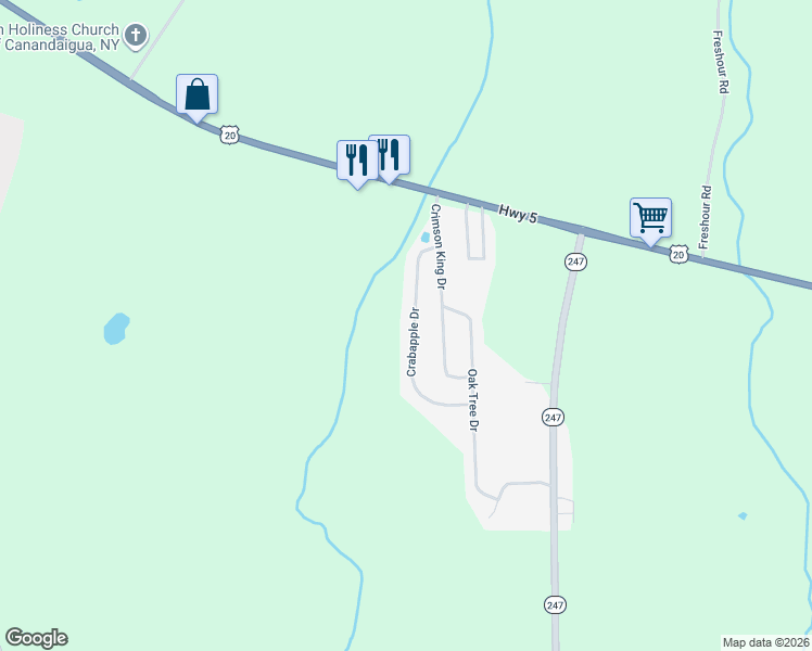 map of restaurants, bars, coffee shops, grocery stores, and more near 237 Crabapple Drive in Ontario County