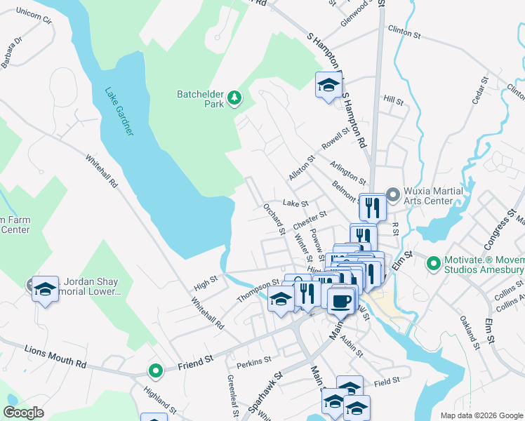 map of restaurants, bars, coffee shops, grocery stores, and more near 8 Lake Avenue in Amesbury
