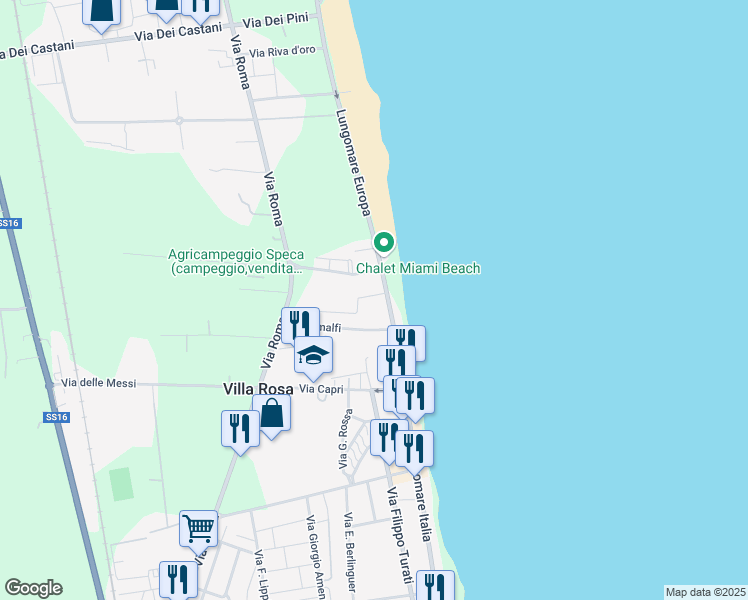 map of restaurants, bars, coffee shops, grocery stores, and more near 308 Lungomare Europa in Villa Rosa