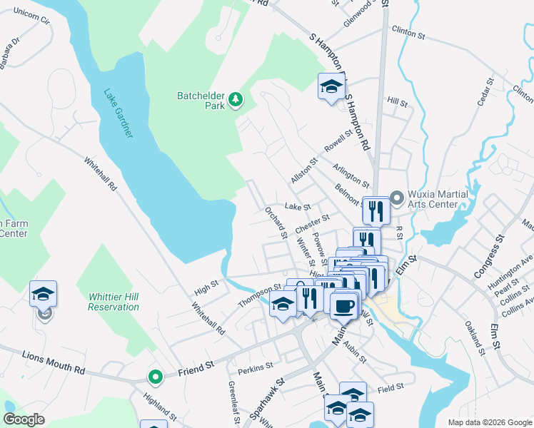 map of restaurants, bars, coffee shops, grocery stores, and more near 38 Orchard Street in Amesbury