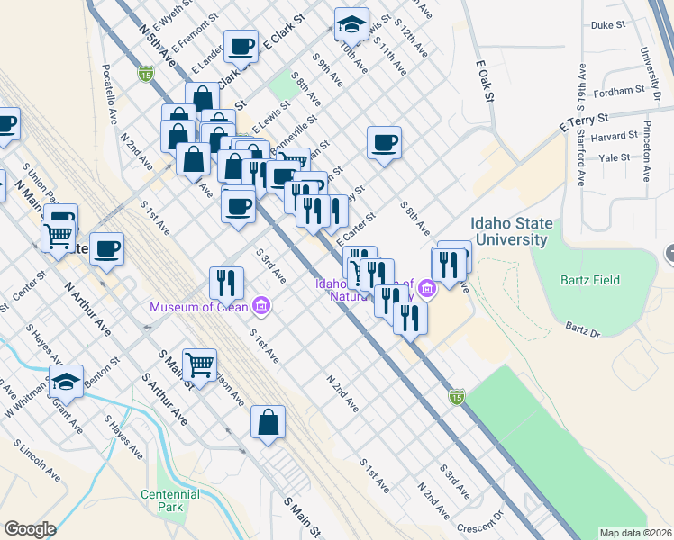 map of restaurants, bars, coffee shops, grocery stores, and more near 746 South 4th Avenue in Pocatello