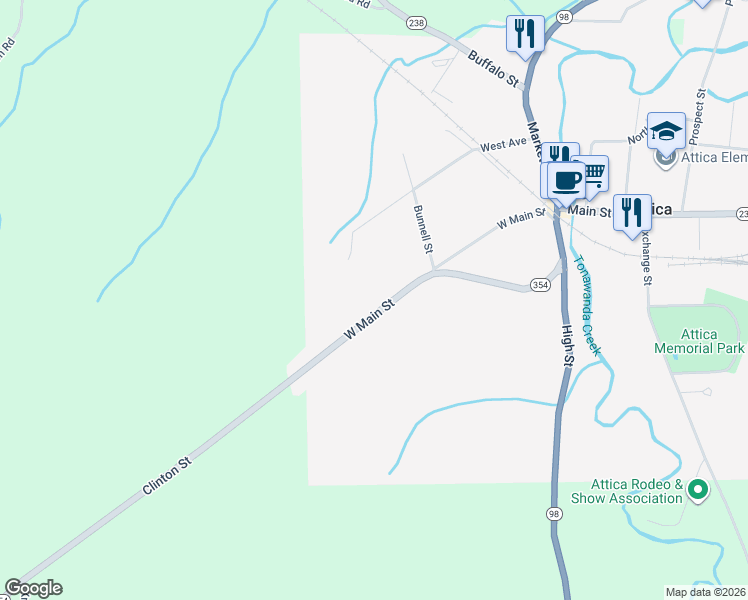 map of restaurants, bars, coffee shops, grocery stores, and more near 134 West Main Street in Attica