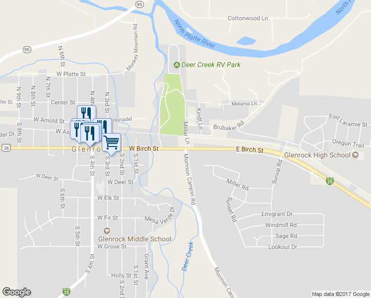 map of restaurants, bars, coffee shops, grocery stores, and more near West Birch Street in Glenrock