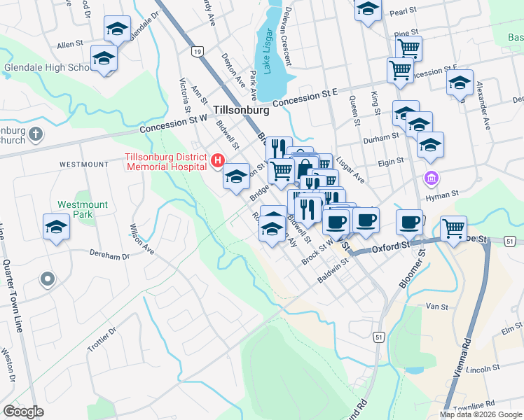 map of restaurants, bars, coffee shops, grocery stores, and more near 112 Rolph Street in Tillsonburg