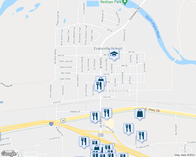 map of restaurants, bars, coffee shops, grocery stores, and more near 171 Curtis Street in Evansville