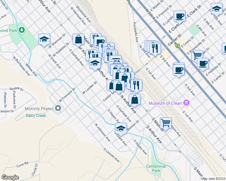 map of restaurants, bars, coffee shops, grocery stores, and more near 435 West Center Street in Pocatello
