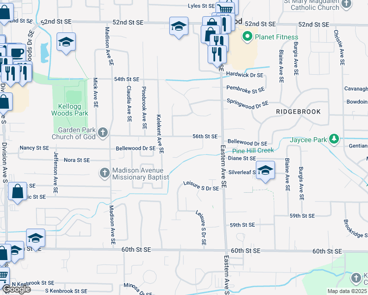 map of restaurants, bars, coffee shops, grocery stores, and more near 5671 Roseworth Court Southeast in Kentwood