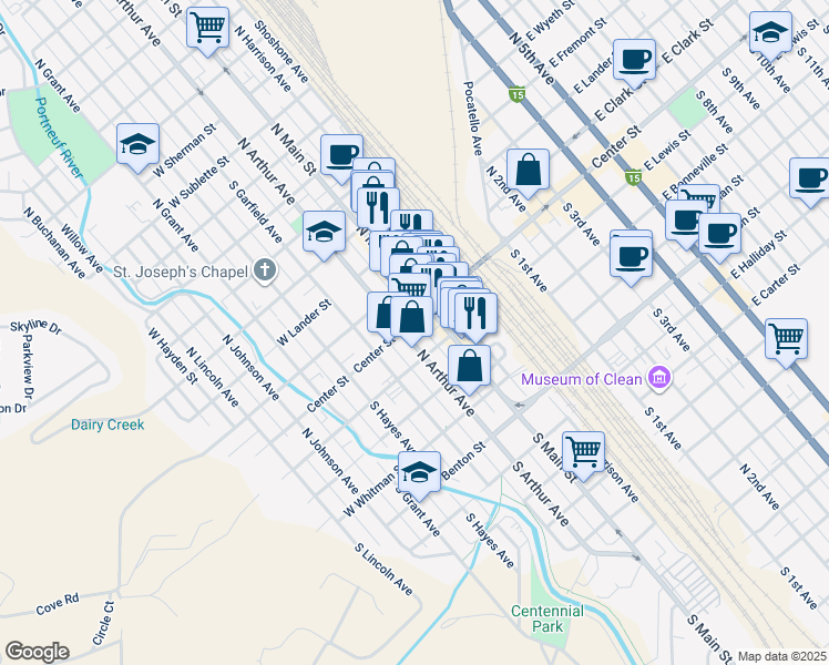 map of restaurants, bars, coffee shops, grocery stores, and more near 150 South Arthur Avenue in Pocatello