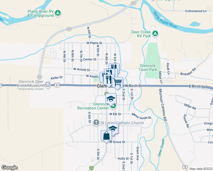 map of restaurants, bars, coffee shops, grocery stores, and more near West Birch Street & South 4th Street in Glenrock