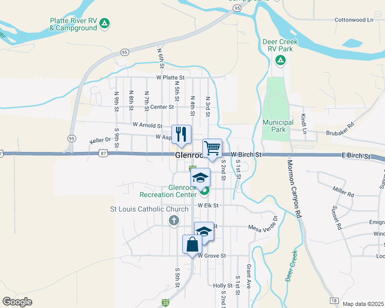 map of restaurants, bars, coffee shops, grocery stores, and more near West Birch Street & South 4th Street in Glenrock