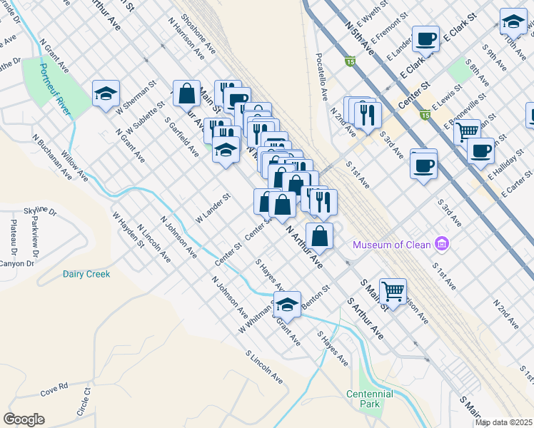 map of restaurants, bars, coffee shops, grocery stores, and more near 435 West Center Street in Pocatello