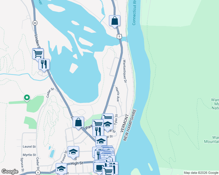map of restaurants, bars, coffee shops, grocery stores, and more near 202 Putney Road in Brattleboro