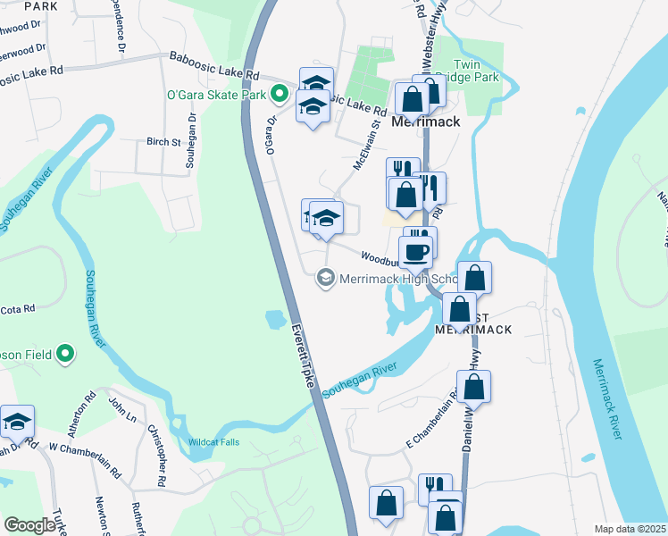 map of restaurants, bars, coffee shops, grocery stores, and more near 38 McElwain Street in Merrimack