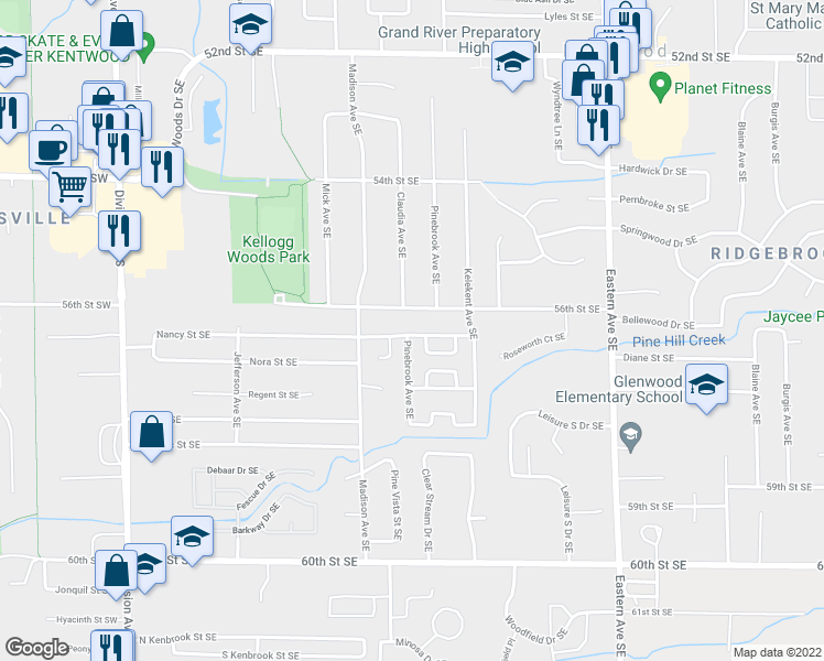 map of restaurants, bars, coffee shops, grocery stores, and more near 487 Bellewood Drive Southeast in Kentwood