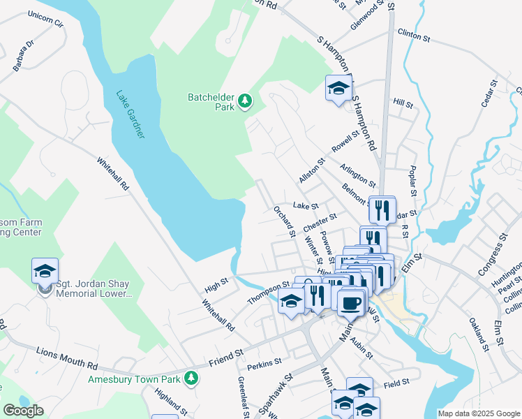 map of restaurants, bars, coffee shops, grocery stores, and more near 8 Lake Avenue in Amesbury