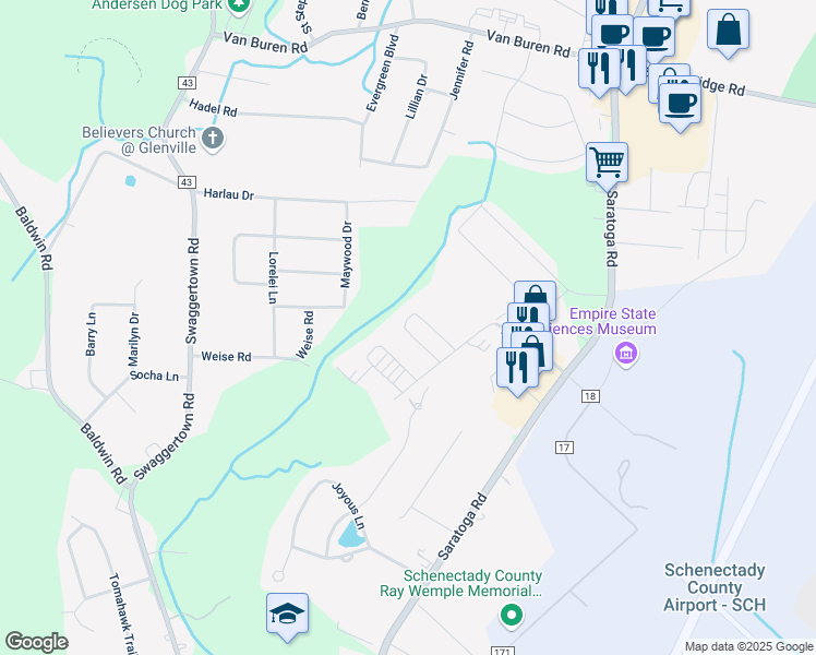map of restaurants, bars, coffee shops, grocery stores, and more near Unnamed Road in Schenectady