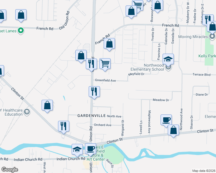 map of restaurants, bars, coffee shops, grocery stores, and more near 65 Forest Drive in Buffalo