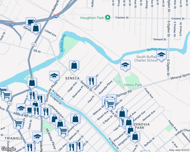 map of restaurants, bars, coffee shops, grocery stores, and more near 43 Pomona Place in Buffalo