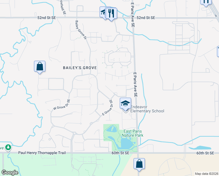 map of restaurants, bars, coffee shops, grocery stores, and more near 3877 West De Blaay Court Southeast in Kentwood