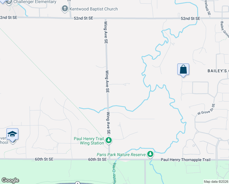 map of restaurants, bars, coffee shops, grocery stores, and more near 5622 Wing Avenue Southeast in Kentwood