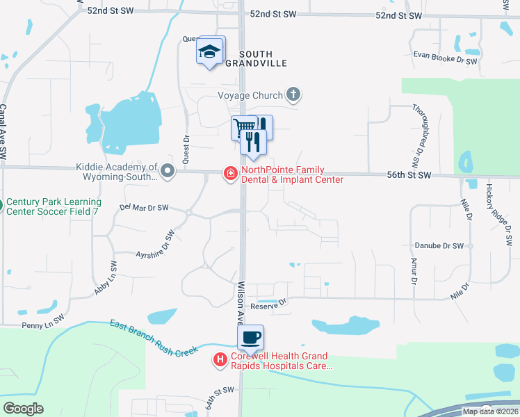map of restaurants, bars, coffee shops, grocery stores, and more near 5700 Wilson Avenue Southwest in Grandville