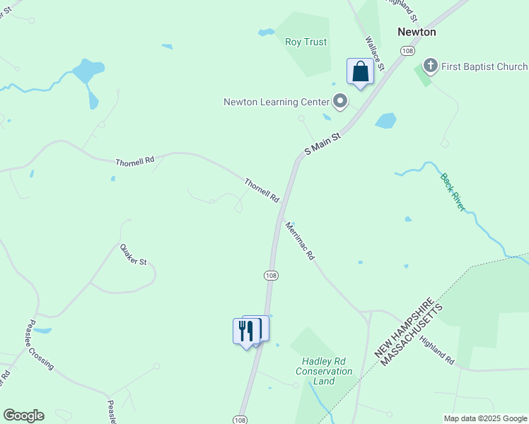map of restaurants, bars, coffee shops, grocery stores, and more near 57 South Main Street in Newton