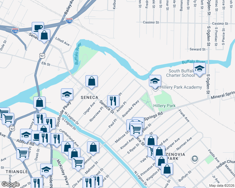 map of restaurants, bars, coffee shops, grocery stores, and more near 43 Pomona Place in Buffalo
