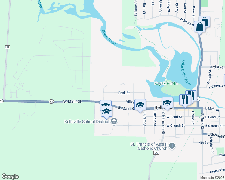 map of restaurants, bars, coffee shops, grocery stores, and more near 660 Prisk Street in Belleville