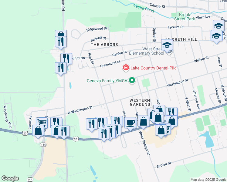map of restaurants, bars, coffee shops, grocery stores, and more near 5 Linwood Avenue in Geneva