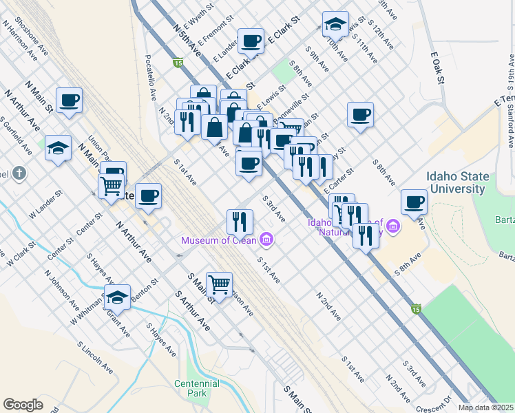 map of restaurants, bars, coffee shops, grocery stores, and more near 301 East Benton Street in Pocatello