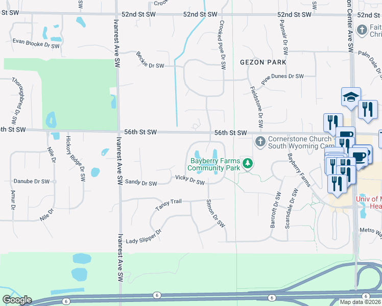 map of restaurants, bars, coffee shops, grocery stores, and more near 5672 Nancy Drive Southwest in Wyoming