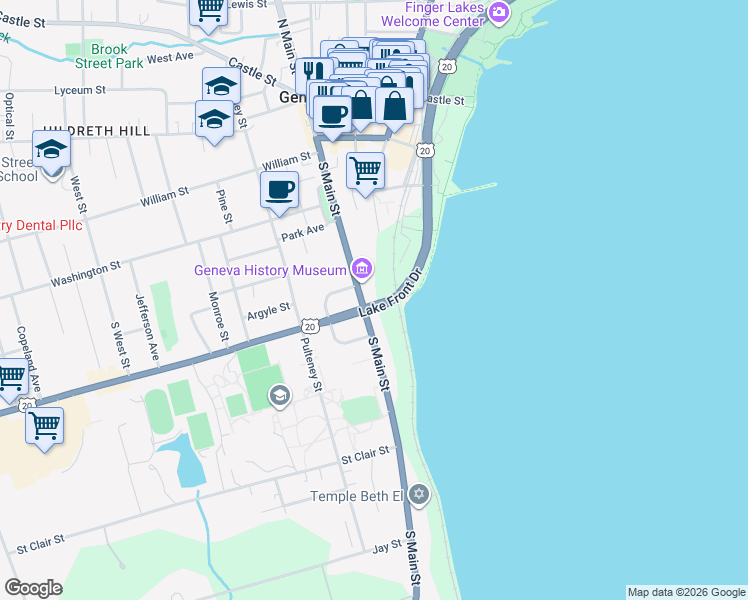 map of restaurants, bars, coffee shops, grocery stores, and more near 573 South Main Street in Geneva