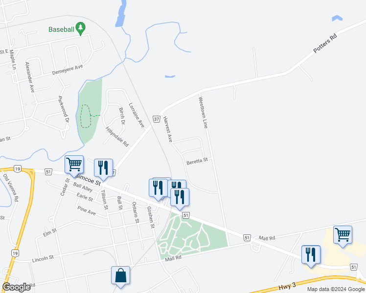 map of restaurants, bars, coffee shops, grocery stores, and more near 22 Harvest Avenue in Tillsonburg