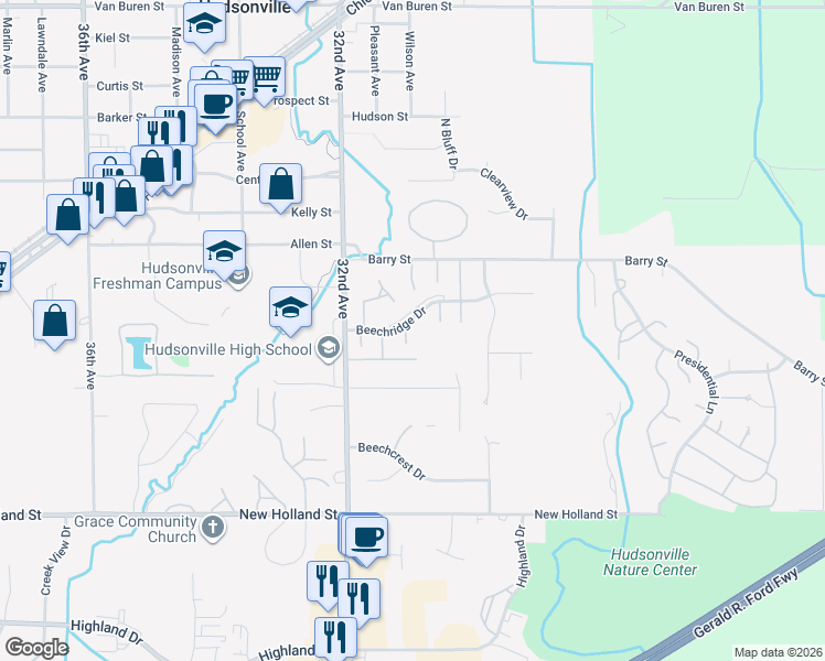 map of restaurants, bars, coffee shops, grocery stores, and more near 3153 Beechnut Lane in Hudsonville