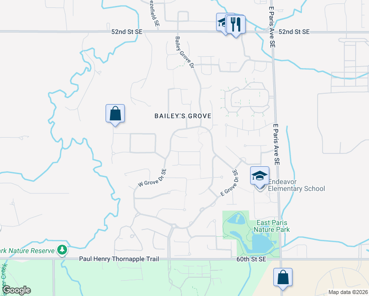 map of restaurants, bars, coffee shops, grocery stores, and more near 3671 Falling Leaf Drive Southeast in Kentwood