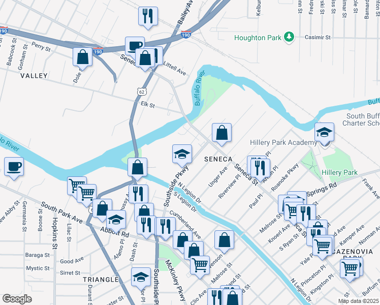 map of restaurants, bars, coffee shops, grocery stores, and more near 478 Southside Parkway in Buffalo