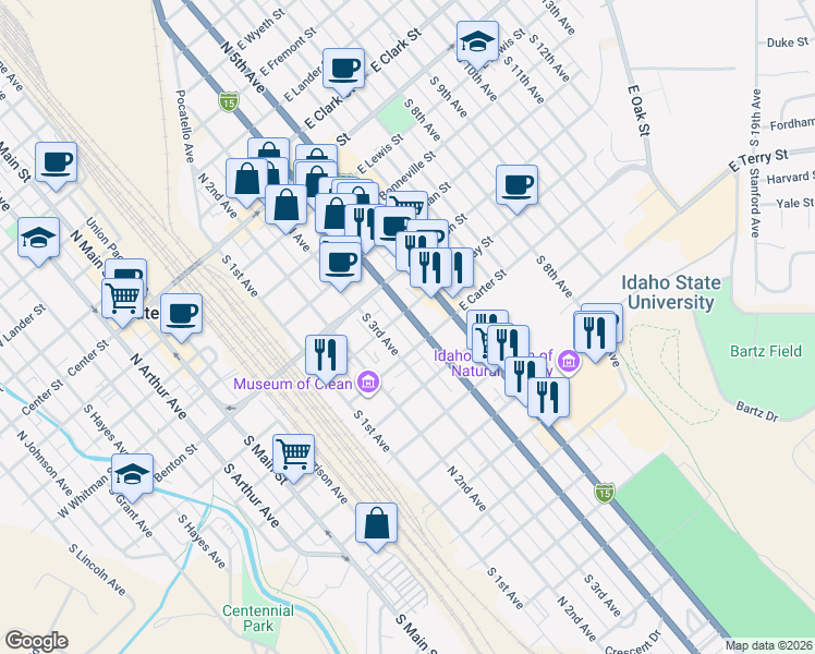 map of restaurants, bars, coffee shops, grocery stores, and more near 625 South 4th Avenue in Pocatello